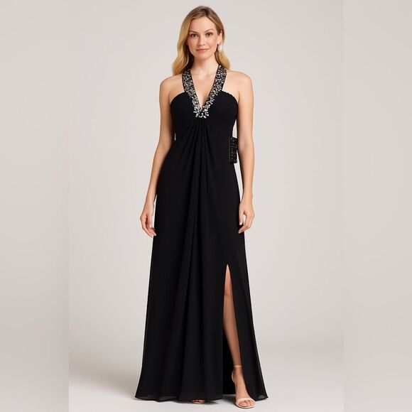 Elegant Black Sequin Halter Chiffon Gown Maxi Formal Mermaid Sz10 NWT Betsy Adam - Picture 1 of 15